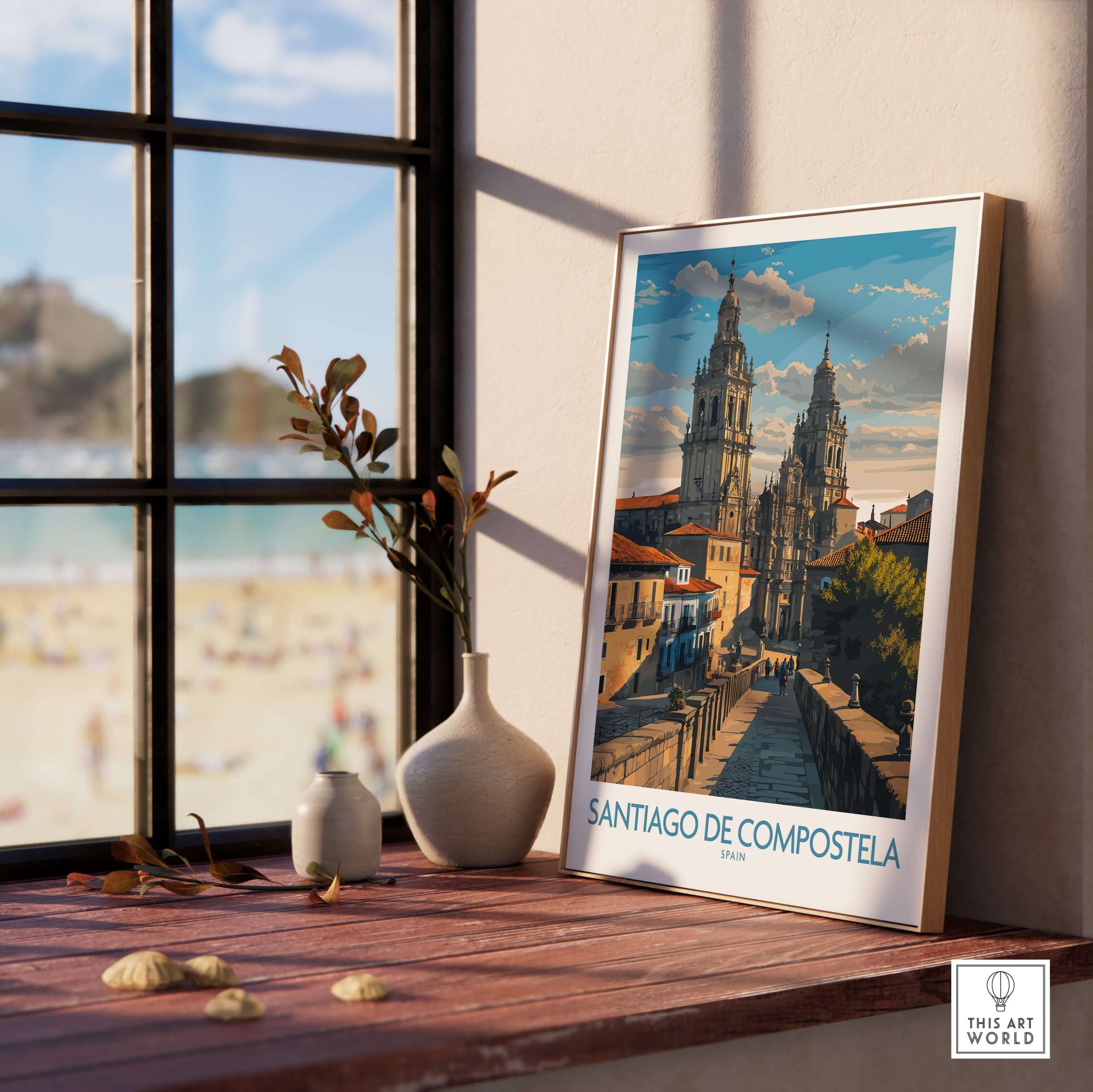 Santiago de Compostela Pilgrimage End Art Print | Cathedral Facade Poster displayed in a bright room with a scenic view.