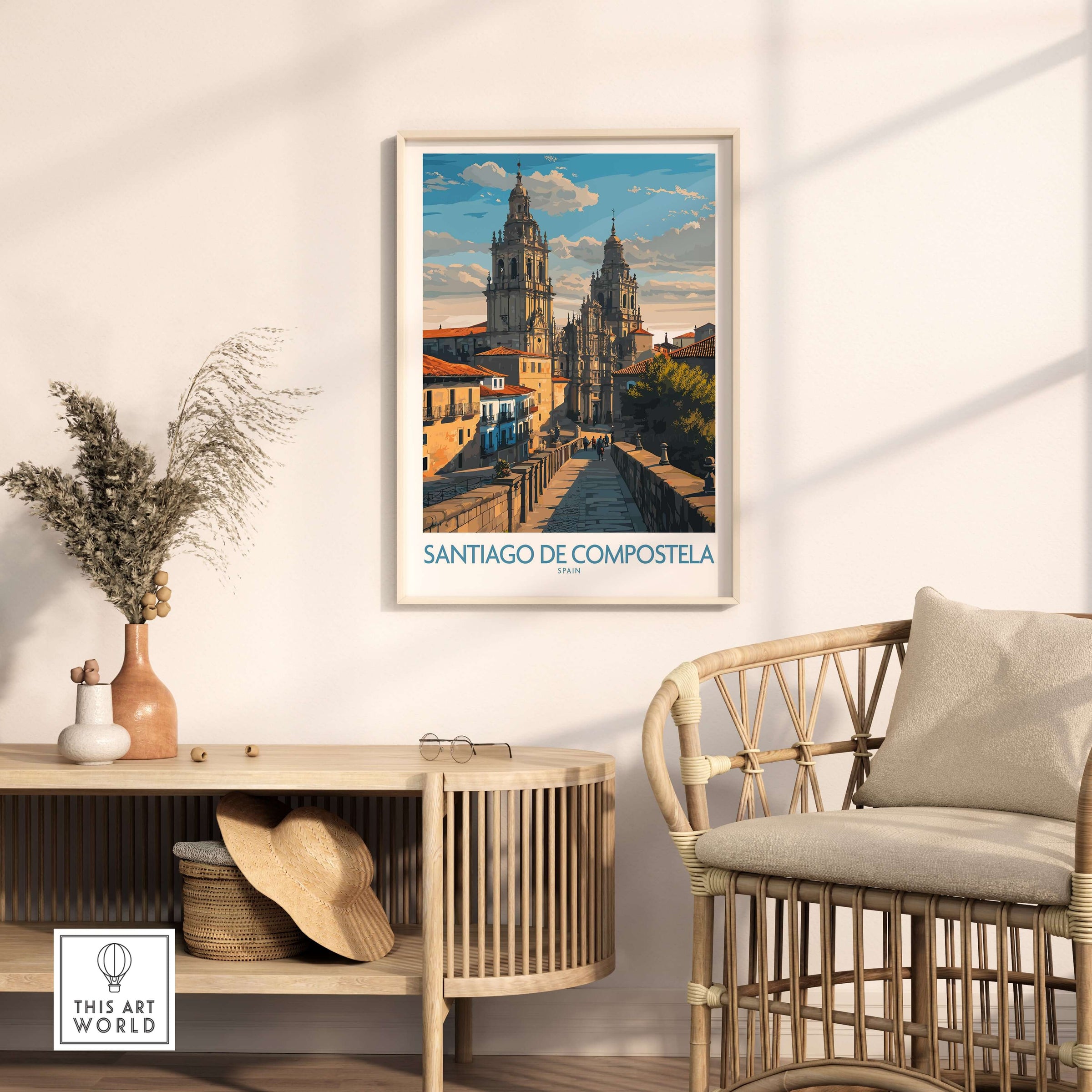Santiago de Compostela Pilgrimage End Art Print | Cathedral Facade Poster displayed in a modern interior setting.