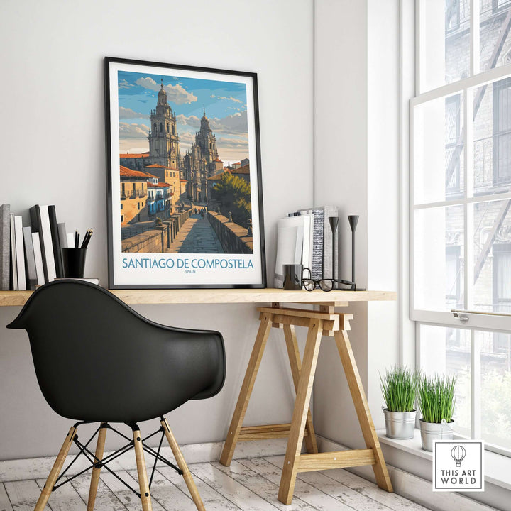 Santiago de Compostela Pilgrimage End Art Print | Cathedral Facade Poster displayed in a modern workspace.