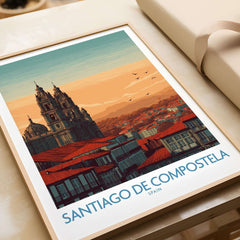 Santiago de Compostela Poster showcasing the city skyline at sunset with historic rooftops and cathedral spires.