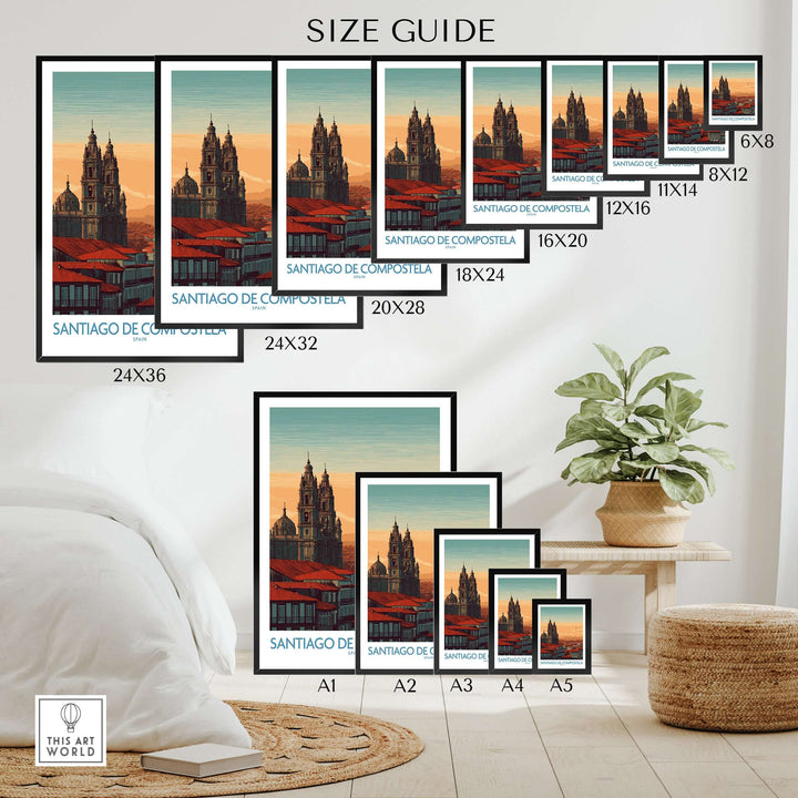 Size guide for Santiago de Compostela Poster displaying various frame sizes and dimensions in a stylish room setting.