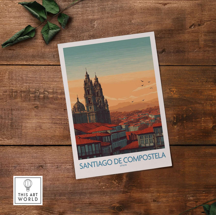 Santiago de Compostela Poster featuring the city's skyline at sunset with stunning cathedral spires and rooftops.