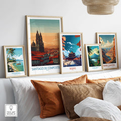 Santiago de Compostela Poster among various other travel-themed art prints on a stylish gallery wall.