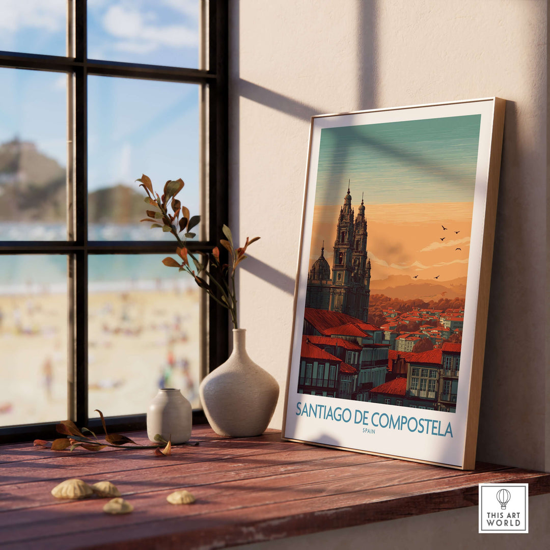 Santiago de Compostela Poster showcasing the city's skyline and cathedral spires with a warm sunset backdrop.