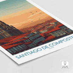 Santiago de Compostela Poster showcasing the city skyline at sunset, featuring historic rooftops and cathedral spires.