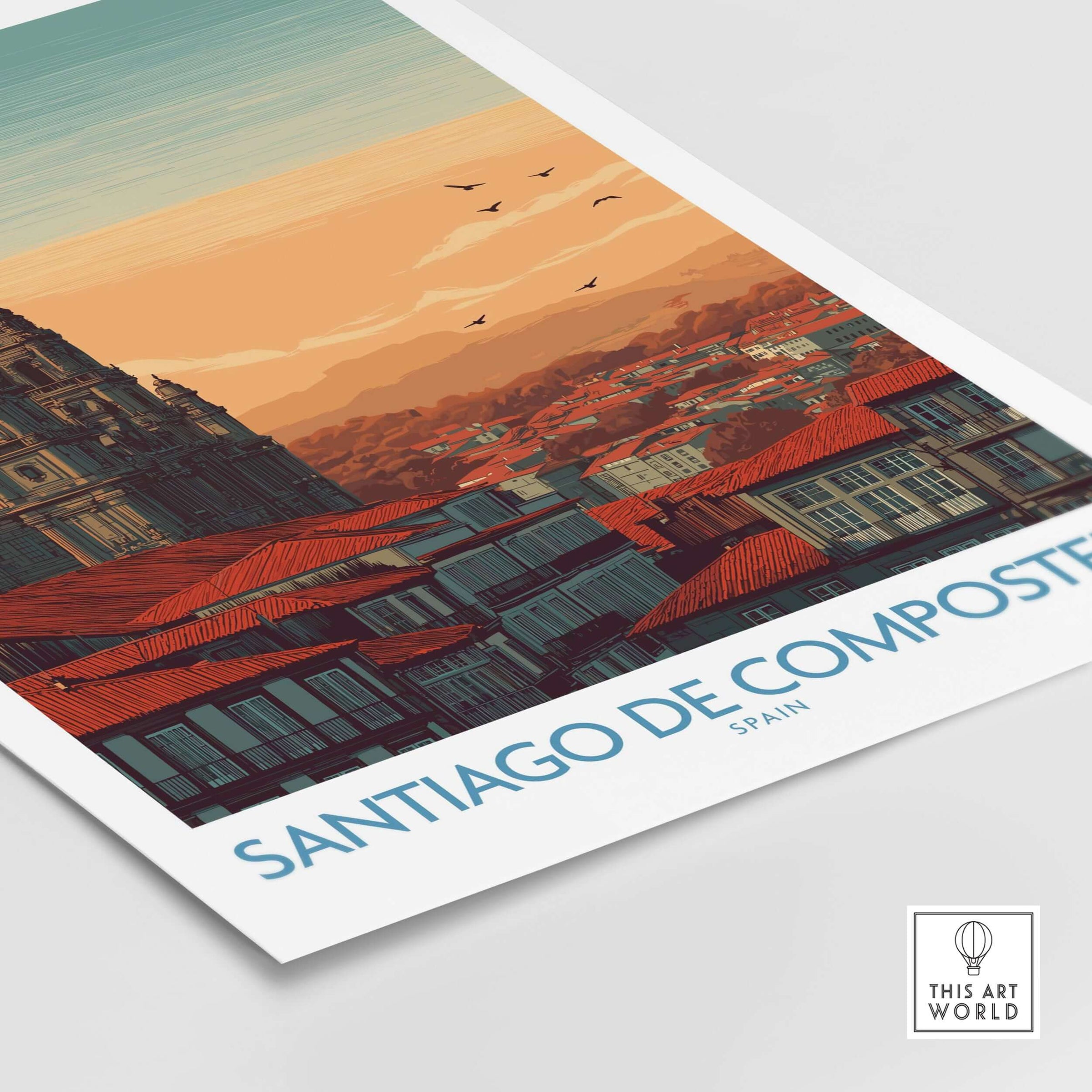 Santiago de Compostela Poster showcasing the city skyline at sunset, featuring historic rooftops and cathedral spires.