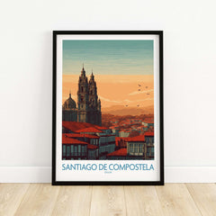 Santiago de Compostela Poster featuring a stunning skyline and cathedral spires at sunset.