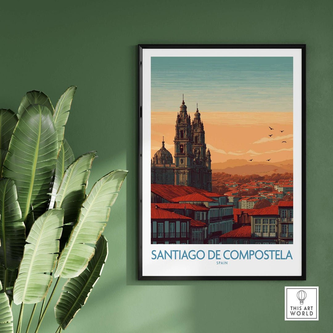 Santiago de Compostela Poster showcasing the skyline at sunset, framed and displayed with indoor plants.