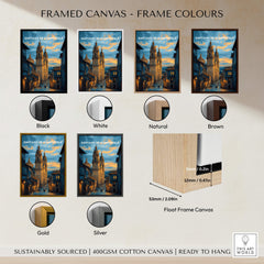 Santiago de Compostela Print | Galician Home Decor framed canvas options in various colors including black, white, and natural.
