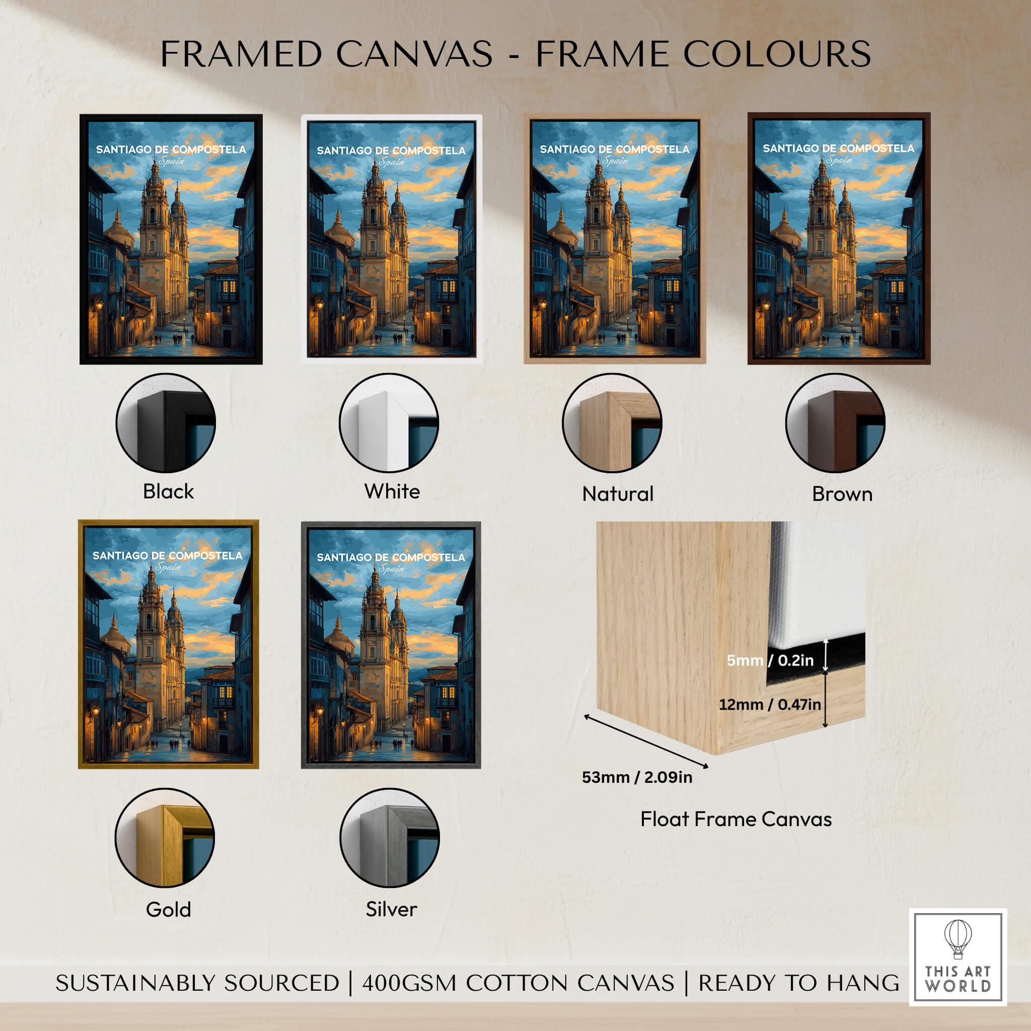 Santiago de Compostela Print | Galician Home Decor framed canvas options in various colors including black, white, and natural.