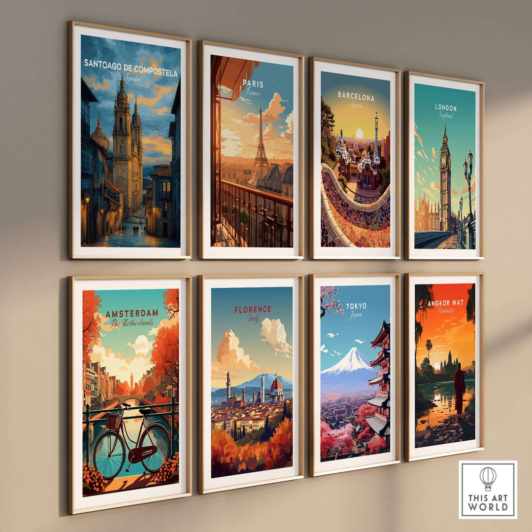 Santiago de Compostela Print | Galician Home Decor displayed among various city prints on a stylish wall.