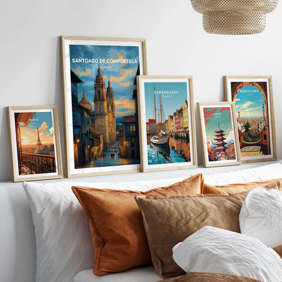 Santiago de Compostela Print | Galician Home Decor displayed among other city prints on a cozy sofa.