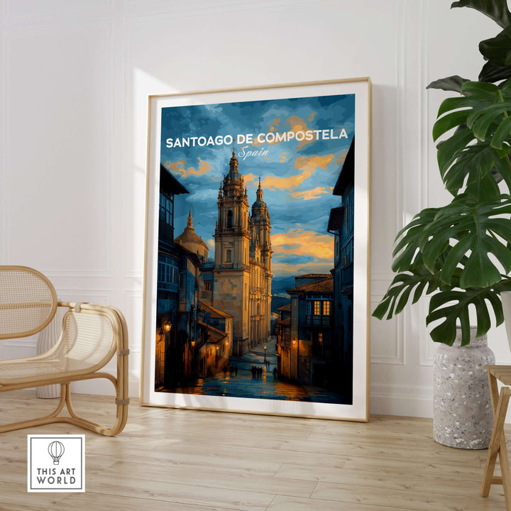 Santiago de Compostela Print | Galician Home Decor showcasing historic architecture and sunset colors.