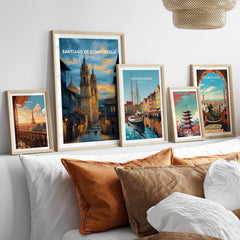 Santiago de Compostela Print | Galician Home Decor showcased among other city prints in a stylish living space.