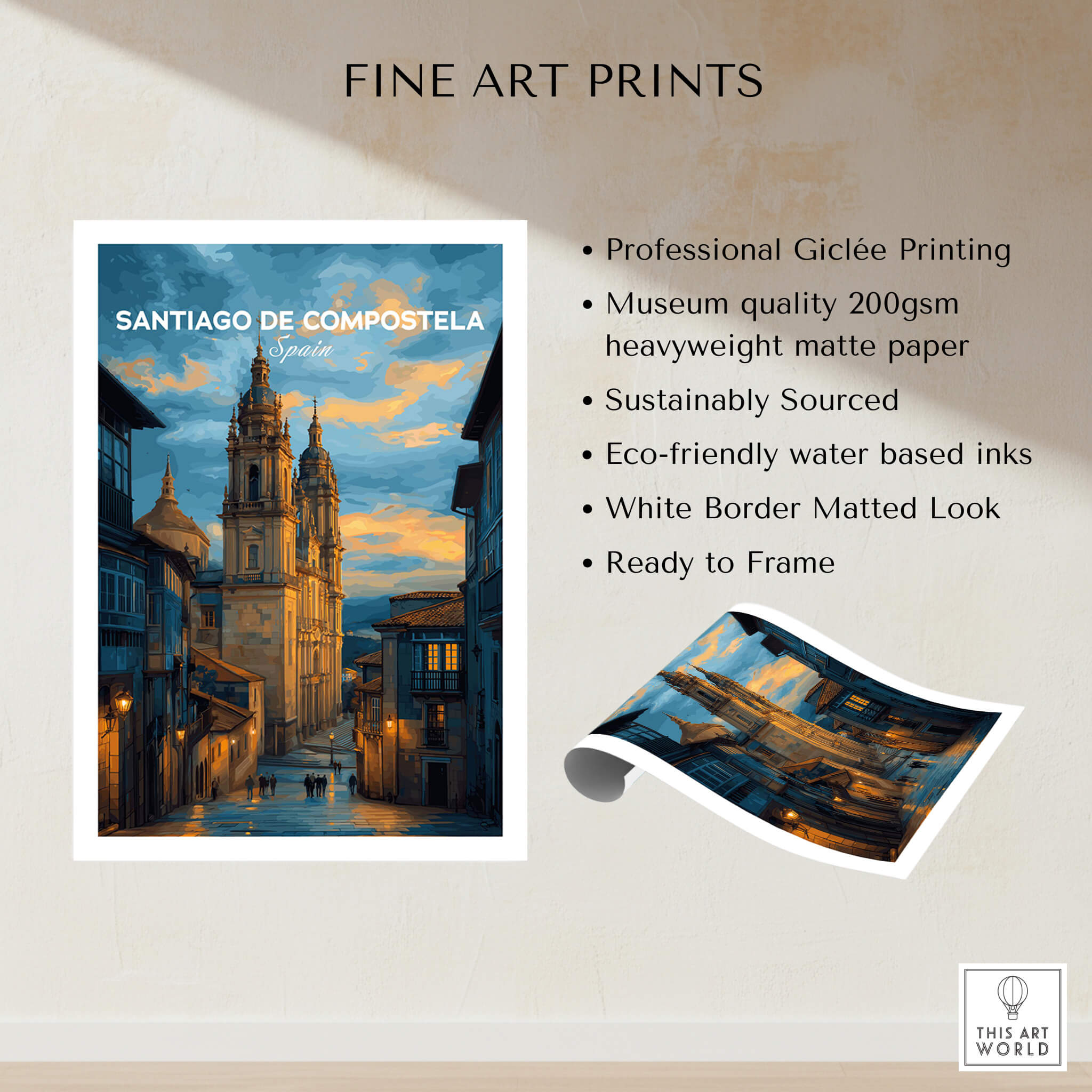 Santiago de Compostela Print | Galician Home Decor showcasing elegant architecture and warm colors.