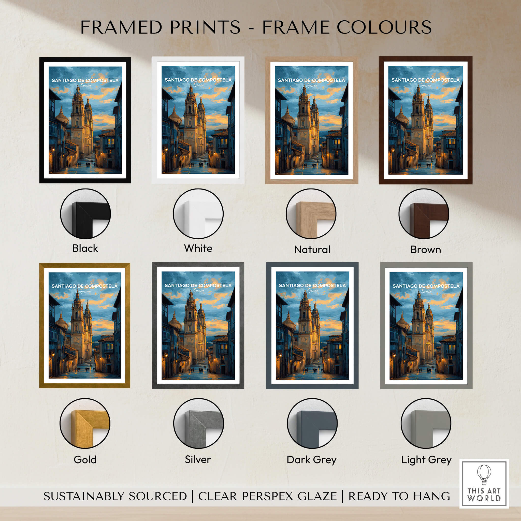 Santiago de Compostela Print | Galician Home Decor showcasing various frame colors in a stylish display.