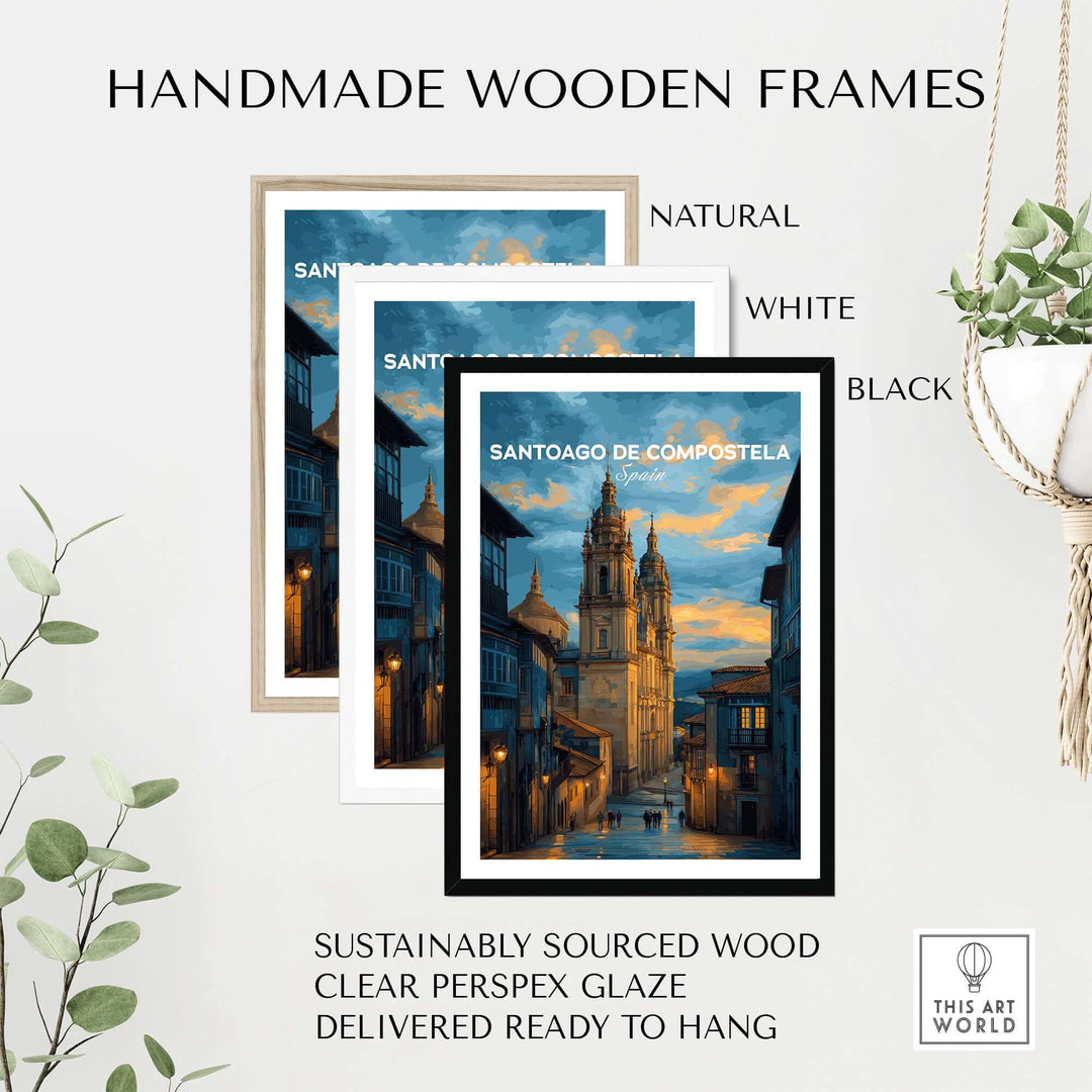Santiago de Compostela Print | Galician Home Decor in handmade wooden frames, natural, white, and black options.