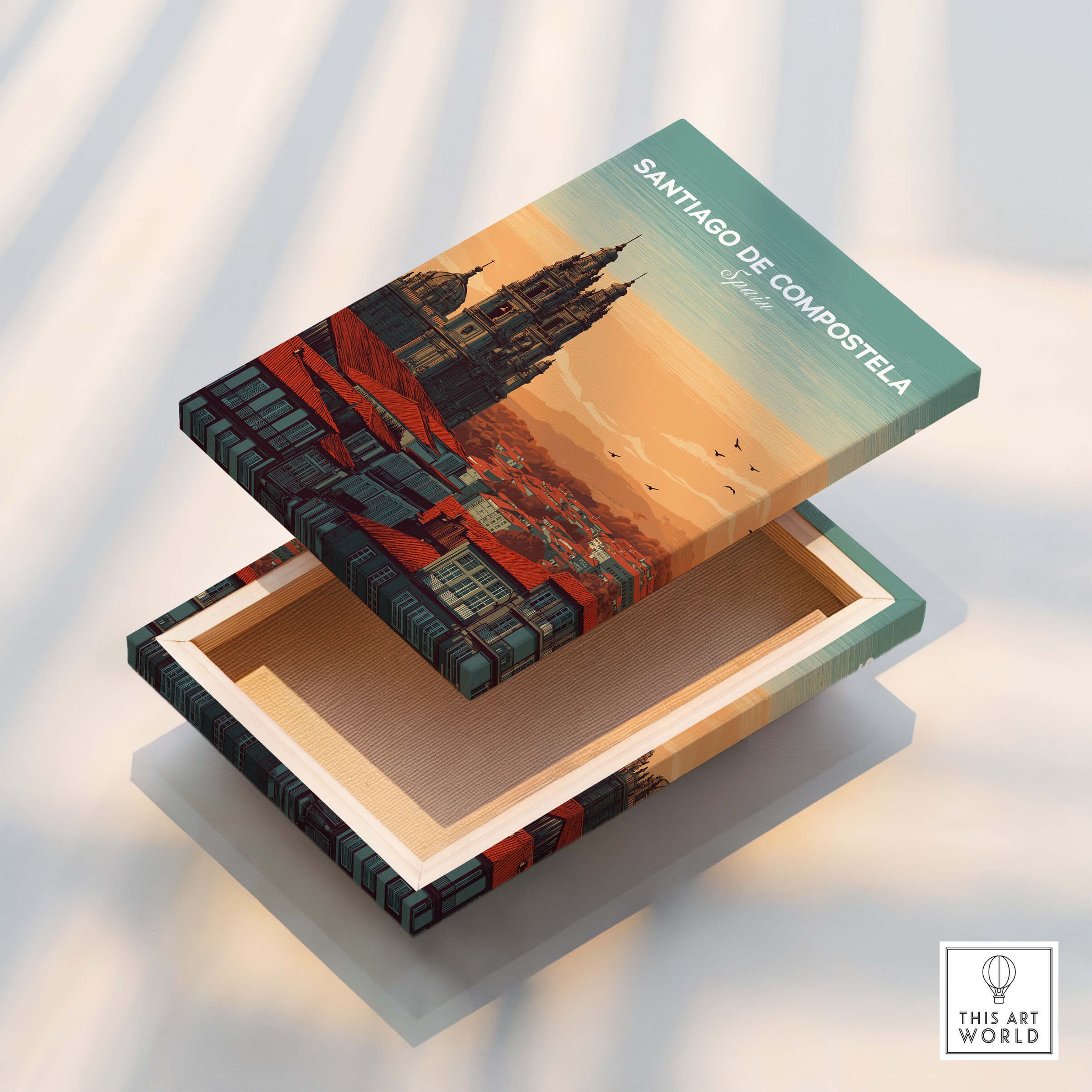 Santiago de Compostela Skyline Print | Spanish Travel Wall Decor wooden box featuring skyline design.