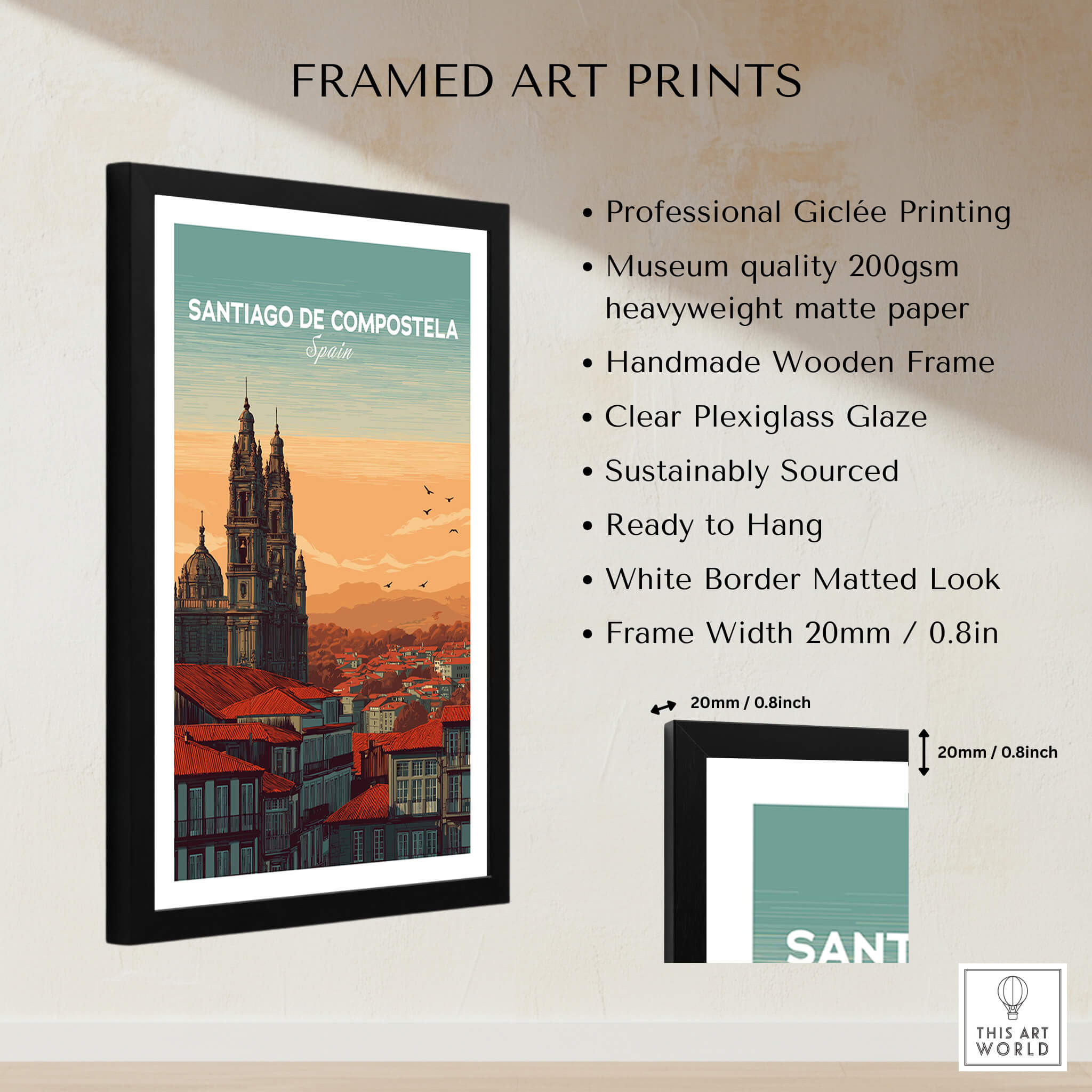 Santiago de Compostela Skyline Print | Spanish Travel Wall Decor in a framed art print format showcasing historic architecture.