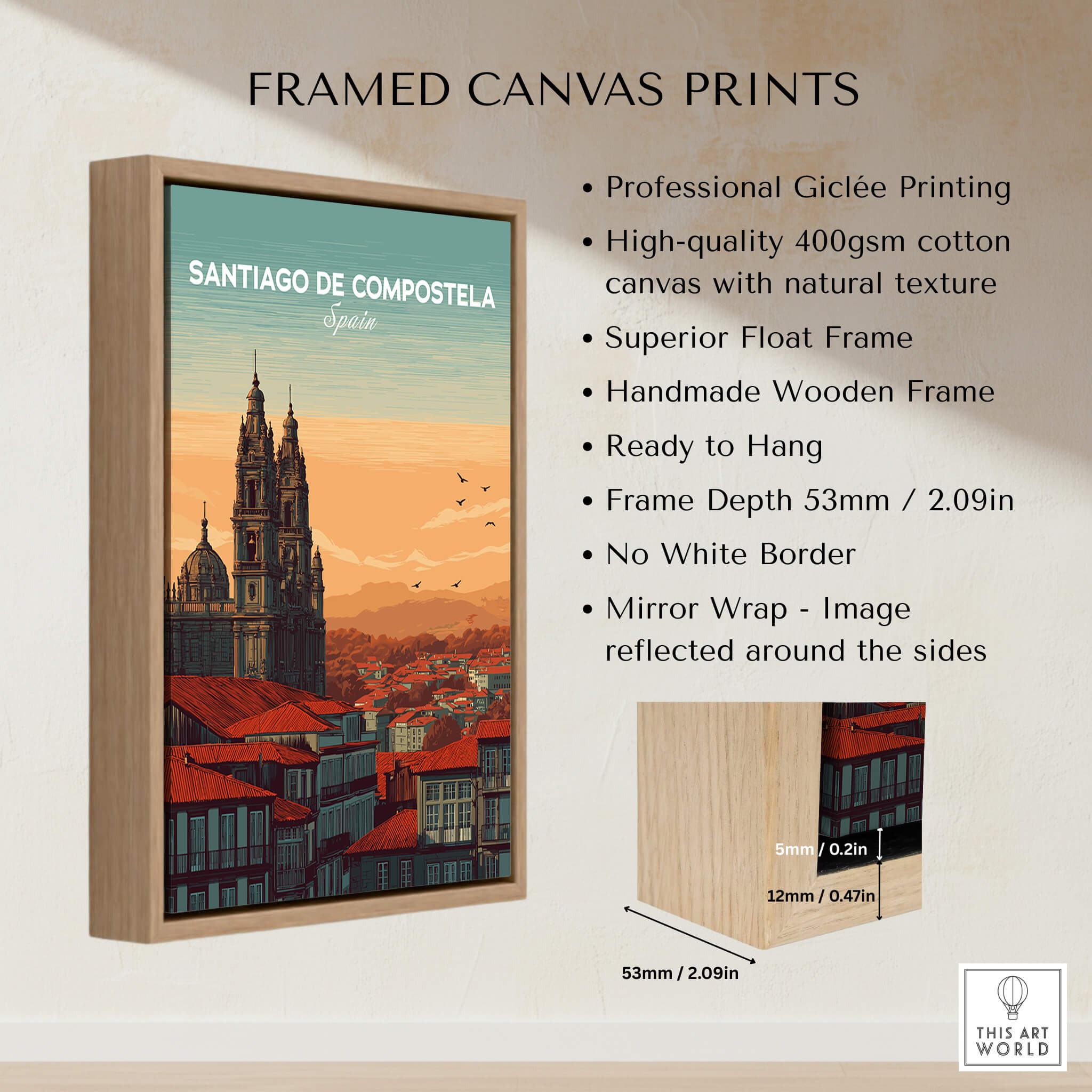 Santiago de Compostela Skyline Print | Spanish Travel Wall Decor - Framed canvas with high-quality printing and wooden frame.