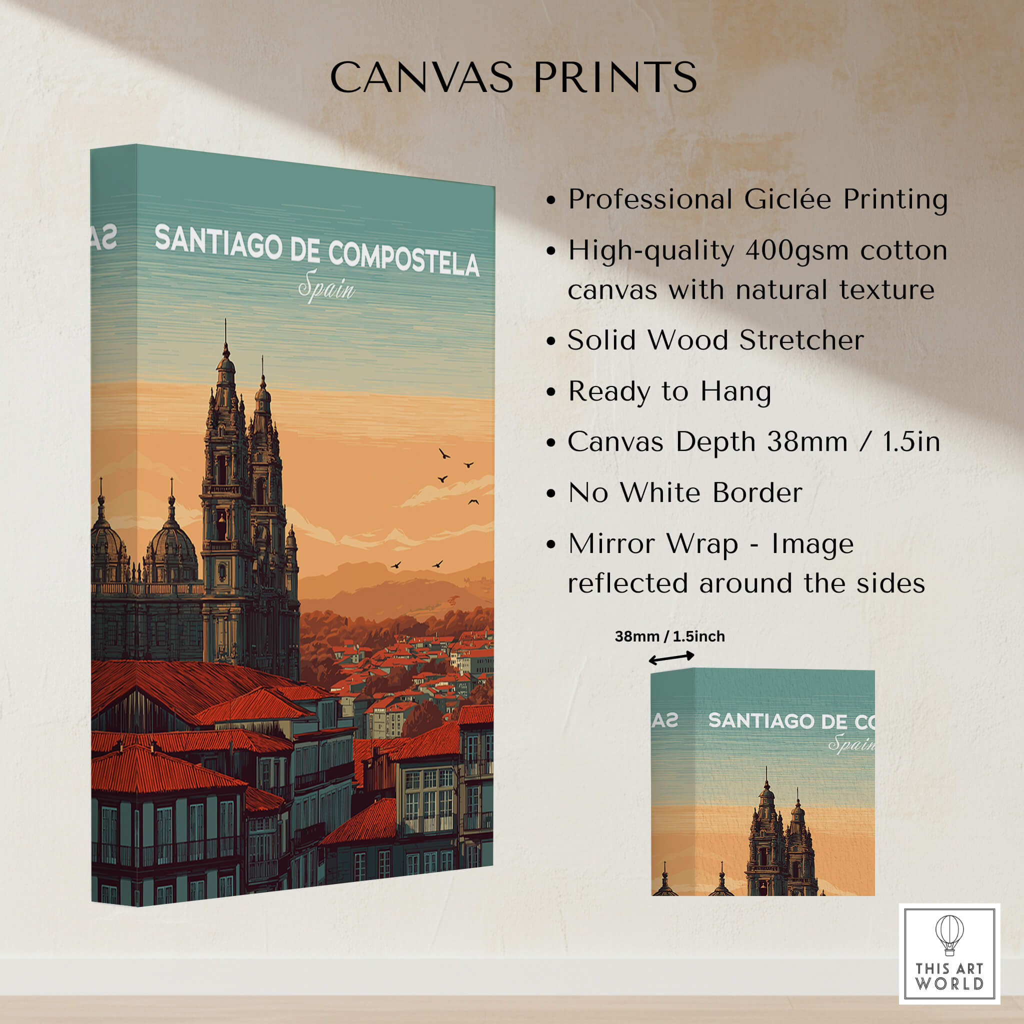 Santiago de Compostela Skyline Print | Spanish Travel Wall Decor showcasing high-quality canvas with architectural details.