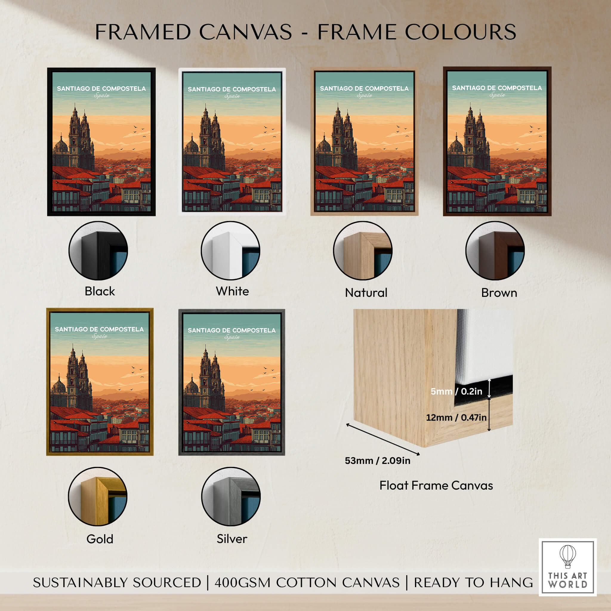 Santiago de Compostela Skyline Print | Spanish Travel Wall Decor framed in various frame colors.