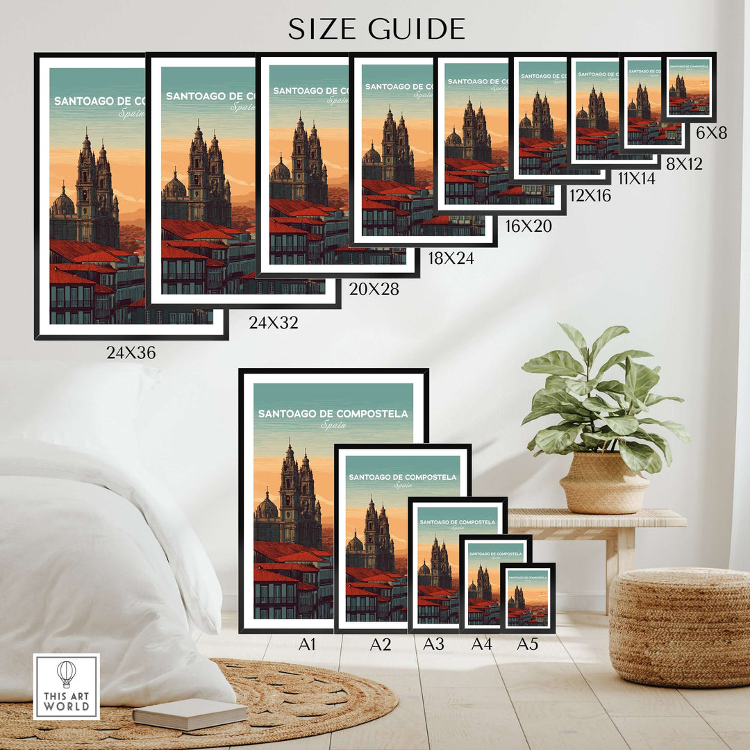 Santiago de Compostela Skyline Print | Spanish Travel Wall Decor size guide showcasing various frame sizes.