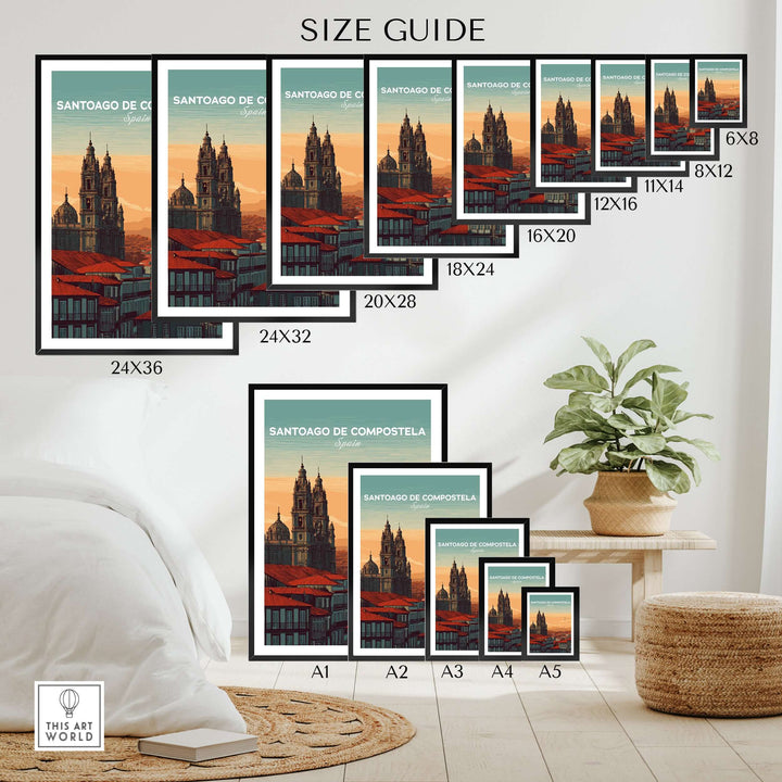 Santiago de Compostela Skyline Print | Spanish Travel Wall Decor size guide showcasing various frame sizes.