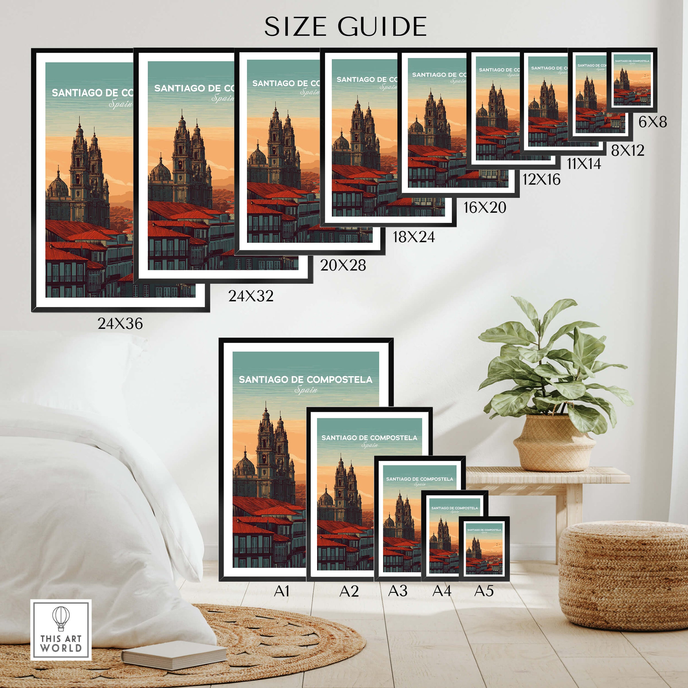 Santiago de Compostela Skyline Print | Spanish Travel Wall Decor size guide with various frame dimensions
