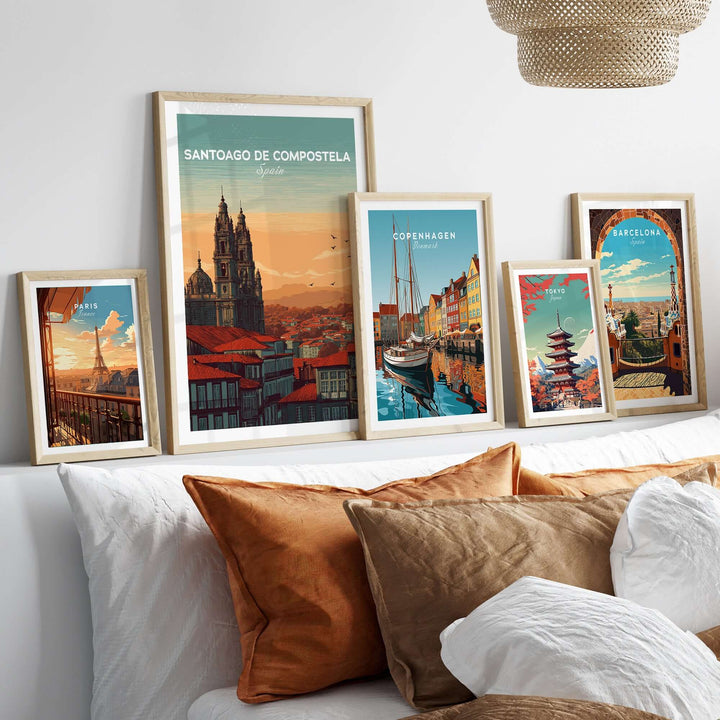 Santiago de Compostela Skyline Print | Spanish Travel Wall Decor displayed among other travel art prints.