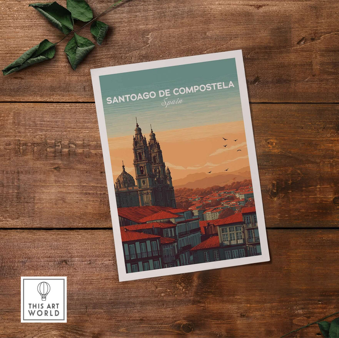 Santiago de Compostela Skyline Print | Spanish Travel Wall Decor showcasing a detailed illustration of Santiago's skyline.