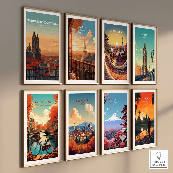 Santiago de Compostela Skyline Print | Spanish Travel Wall Decor featuring vibrant city illustrations.