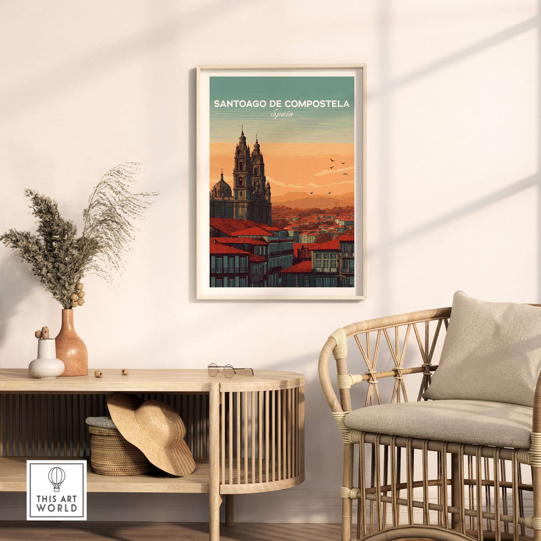Santiago de Compostela Skyline Print | Spanish Travel Wall Decor framed in a modern living room with decor items.