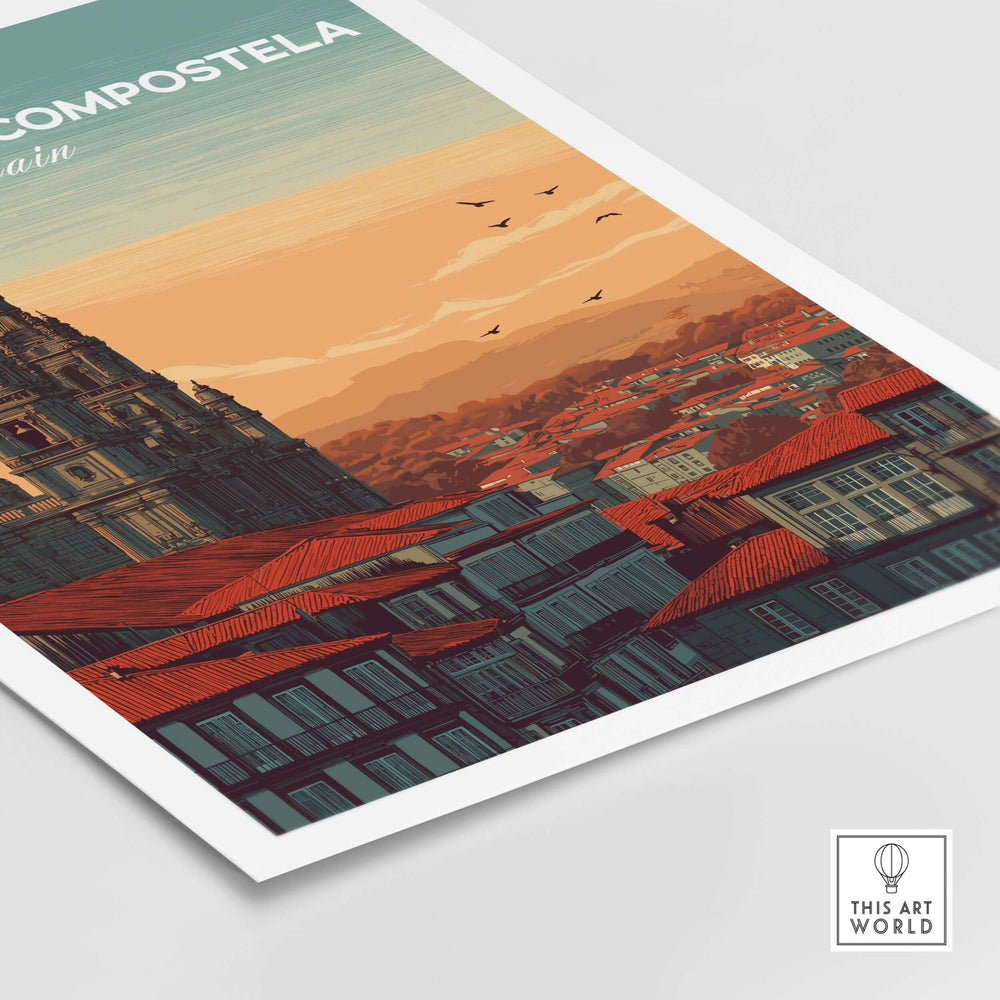 Santiago de Compostela Skyline Print | Spanish Travel Wall Decor featuring iconic skyline and vibrant architectural details.