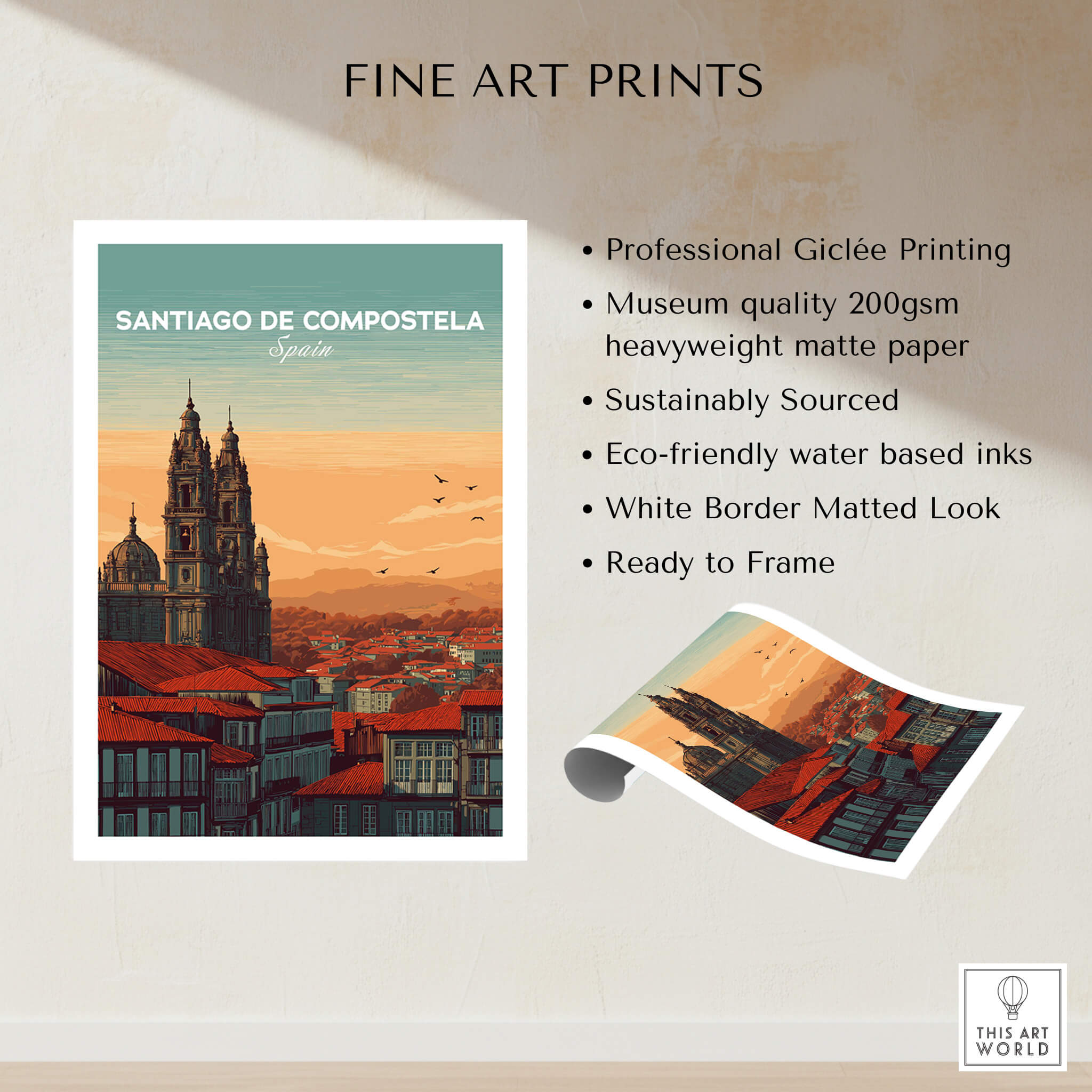 Santiago de Compostela Skyline Print | Spanish Travel Wall Decor showcasing the city’s iconic skyline and architectural beauty.