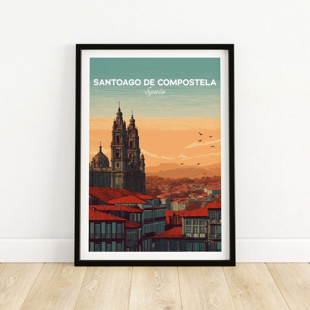 Santiago de Compostela Skyline Print | Spanish Travel Wall Decor showcasing the iconic towers at sunset.