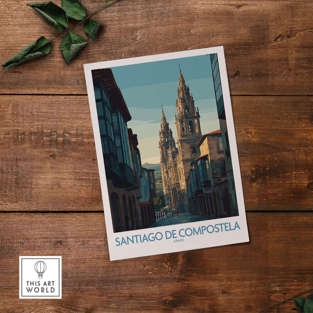 Santiago de Compostela Spain Cathedral Street View Art Print | Pilgrim City Poster showcasing the iconic cathedral in a vibrant street view.