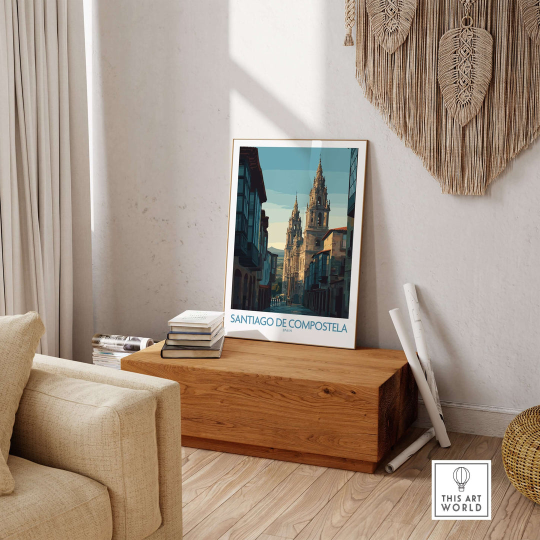 Santiago de Compostela Spain Cathedral Street View Art Print | Pilgrim City Poster displayed in a stylish living room setting.