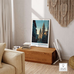 Santiago de Compostela Spain Cathedral Street View Art Print | Pilgrim City Poster displayed in a cozy interior setting.