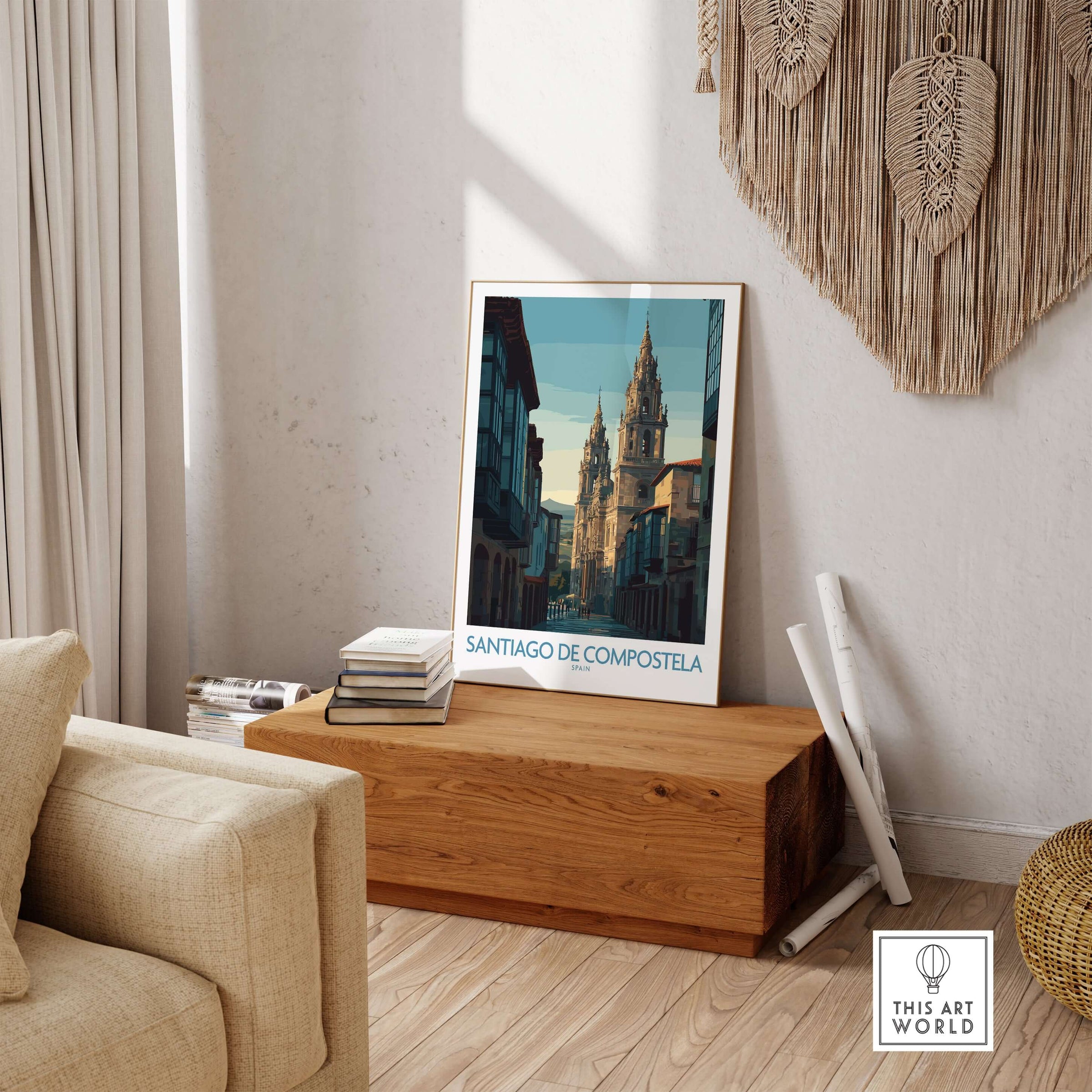 Santiago de Compostela Spain Cathedral Street View Art Print | Pilgrim City Poster displayed in a cozy interior setting.