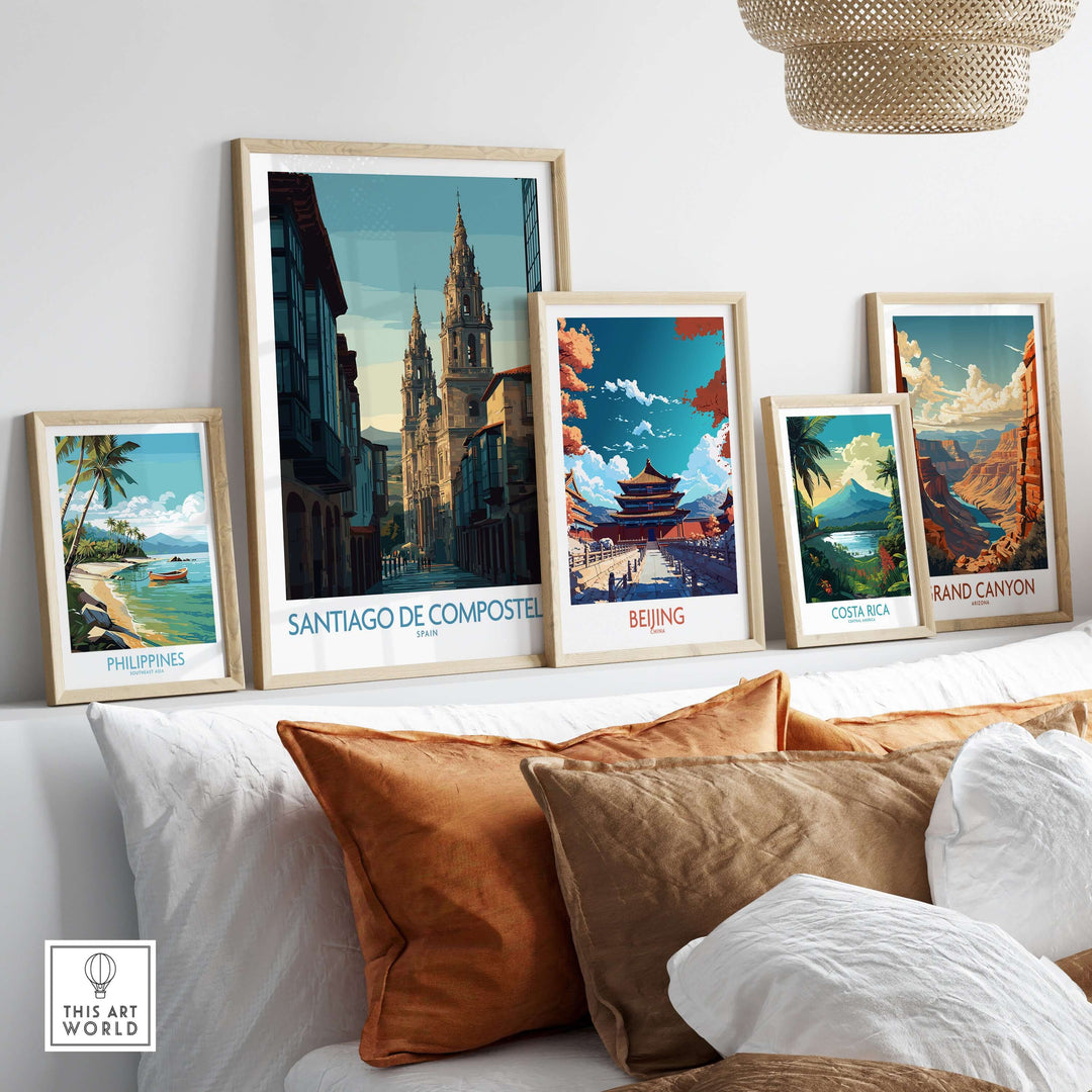 Santiago de Compostela Spain Cathedral Street View Art Print | Pilgrim City Poster displayed in stylish home decor setting.
