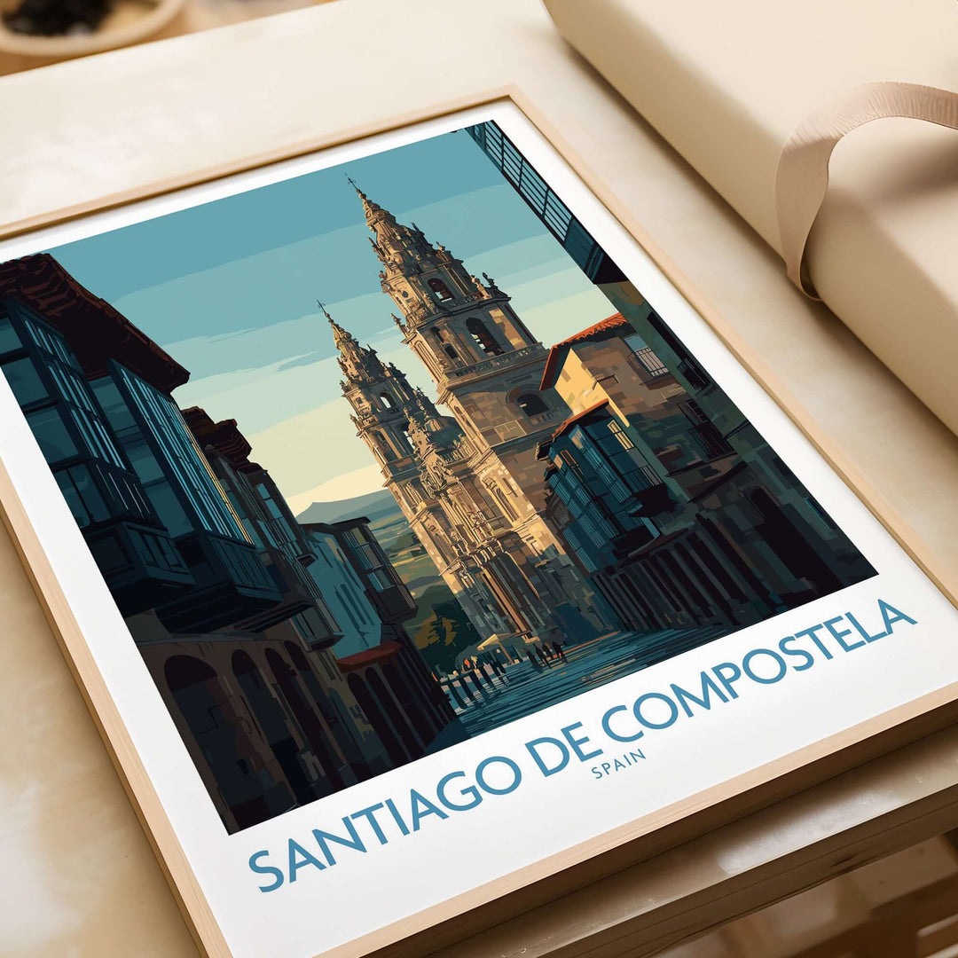Santiago de Compostela Spain Cathedral Street View Art Print | Pilgrim City Poster showcasing vibrant city architecture.