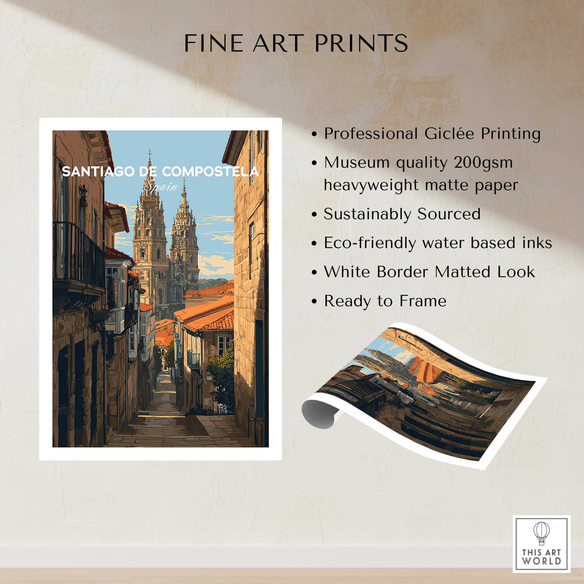 Santiago de Compostela Spain Cobblestone Street View Print | Galician Home Decor featuring historic architecture and streets.
