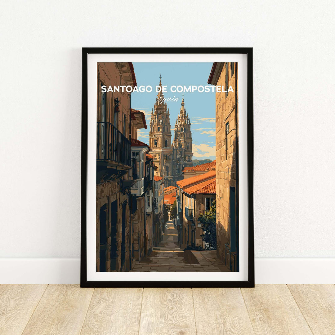 Santiago de Compostela Spain Cobblestone Street View Print | Galician Home Decor framed wall art