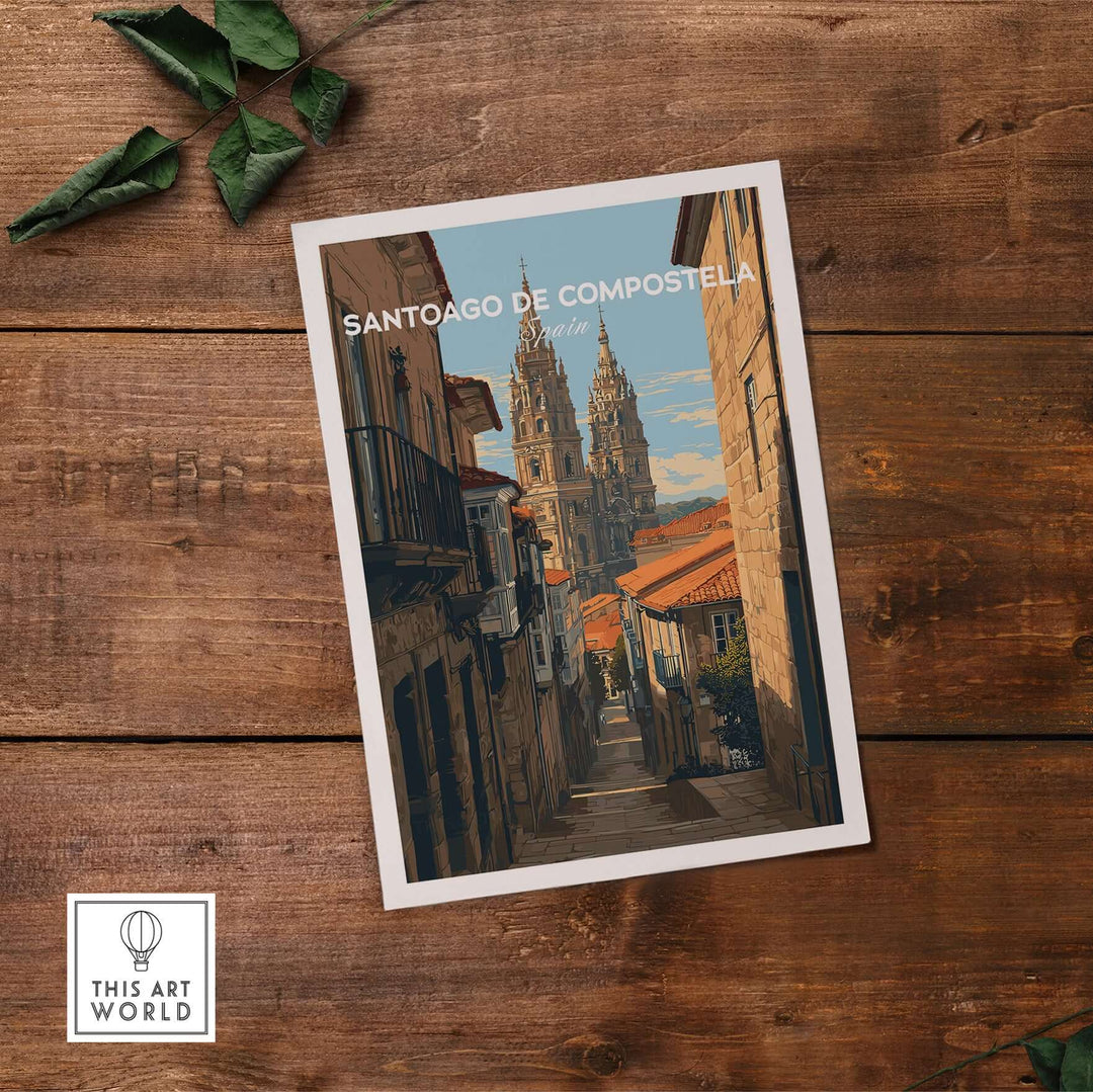 Santiago de Compostela Spain Cobblestone Street View Print | Galician Home Decor on wooden surface.