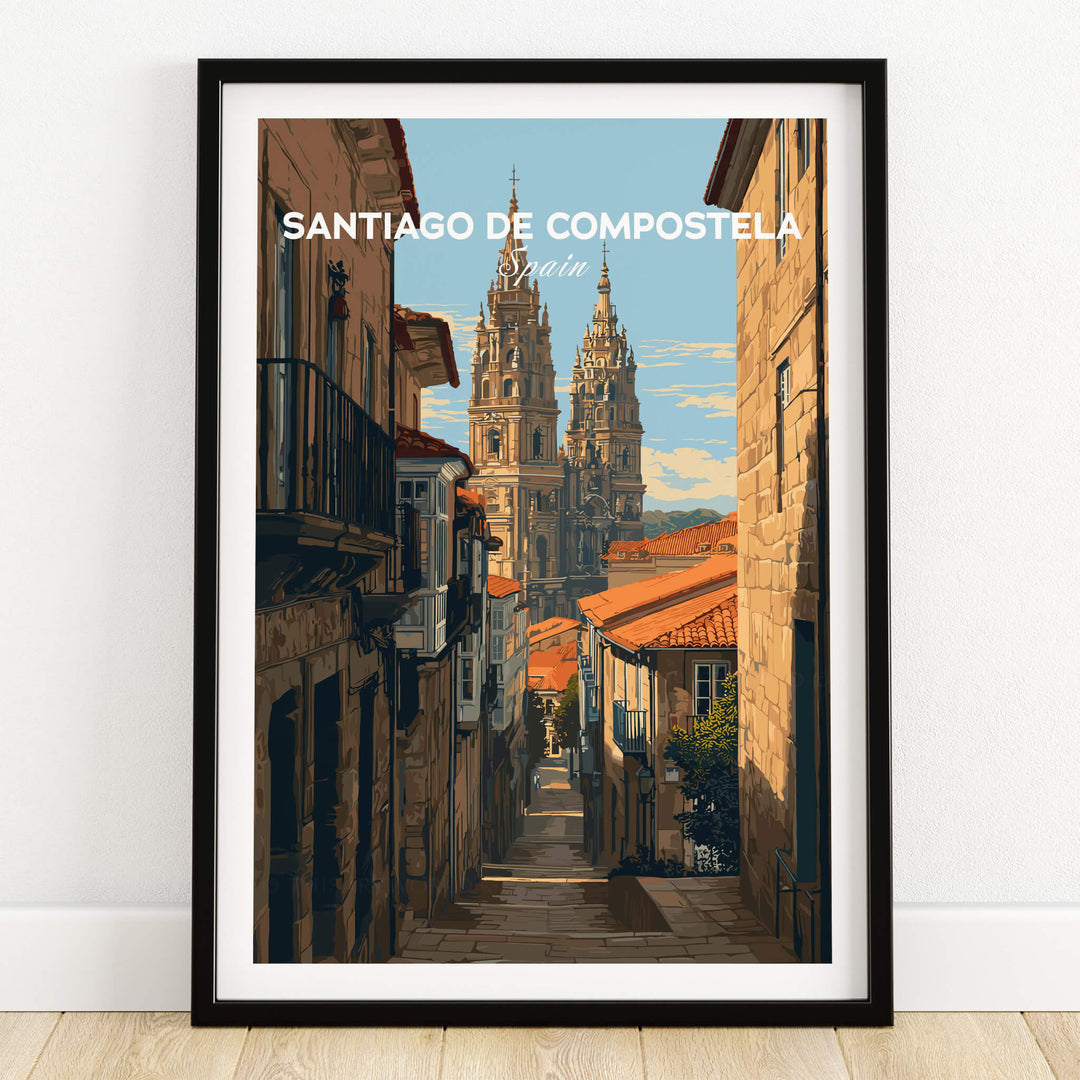 Santiago de Compostela Spain Cobblestone Street View Print | Galician Home Decor showcasing historic architecture.