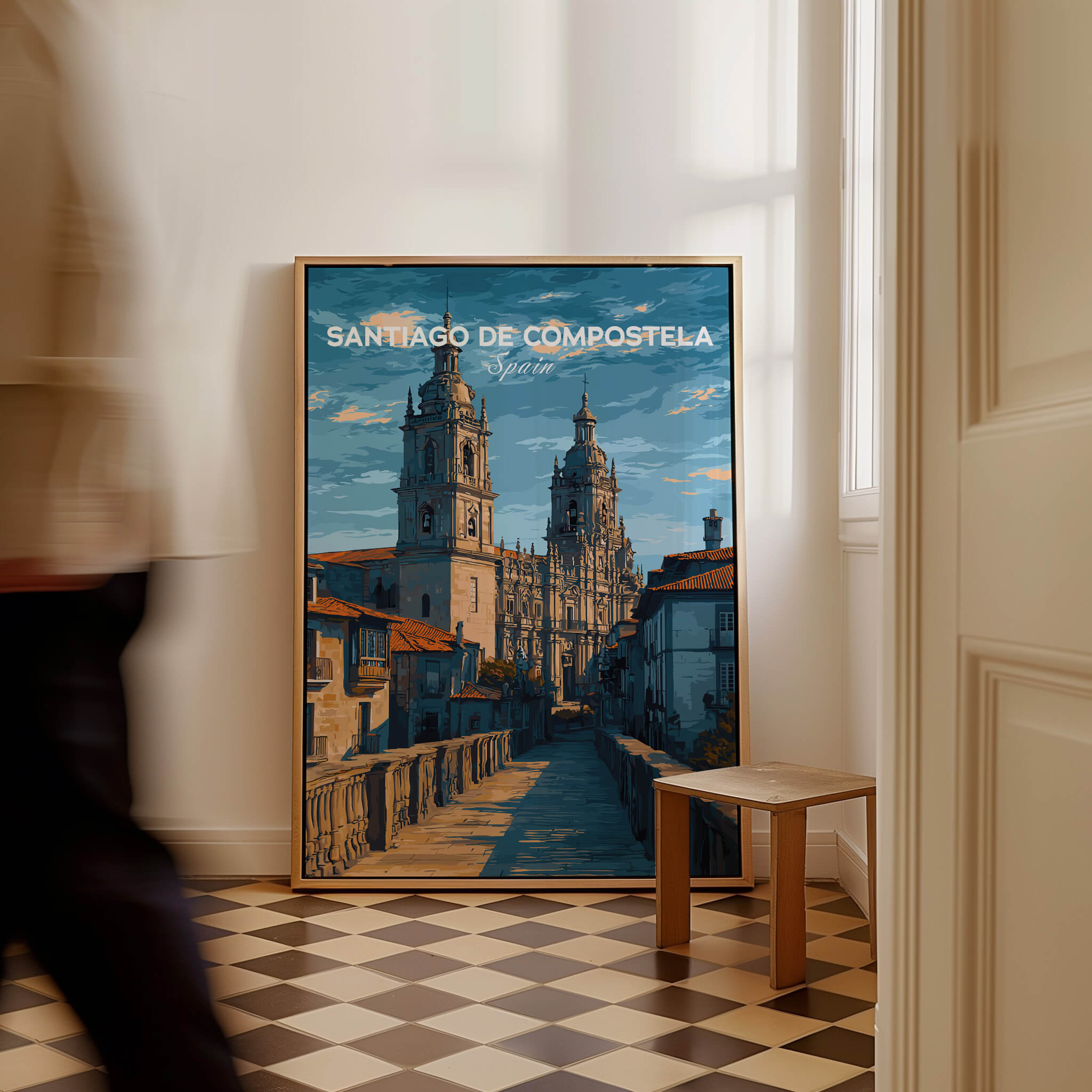 Santiago de Compostela Spain Print | Camino Wall Decor capturing iconic architecture in a stylish interior setting.