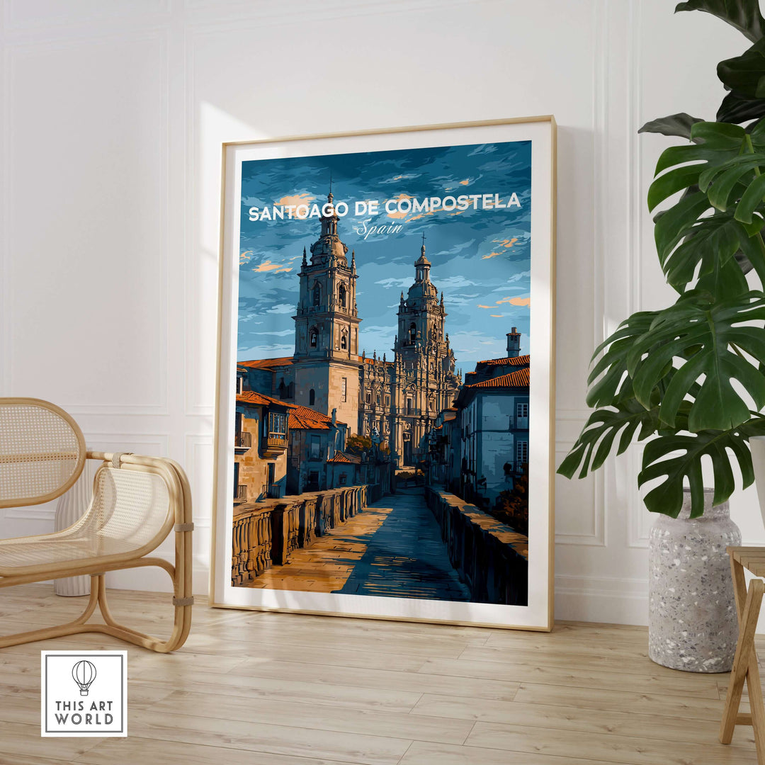 Santiago de Compostela Spain Print | Camino Wall Decor showcasing iconic architecture in a stylish home setting.