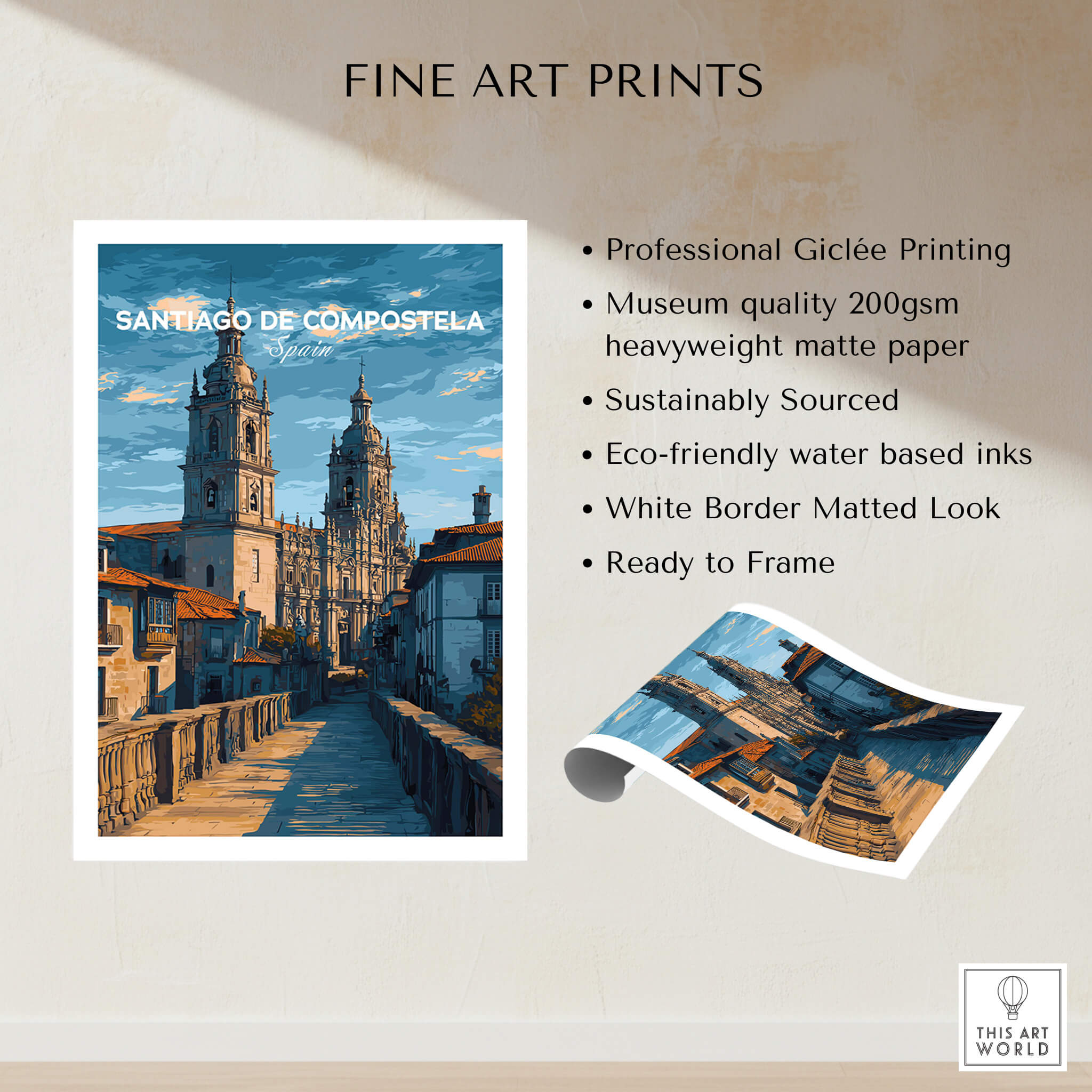 Santiago de Compostela Spain Print | Camino Wall Decor showcasing Giclée printing and stunning architecture.