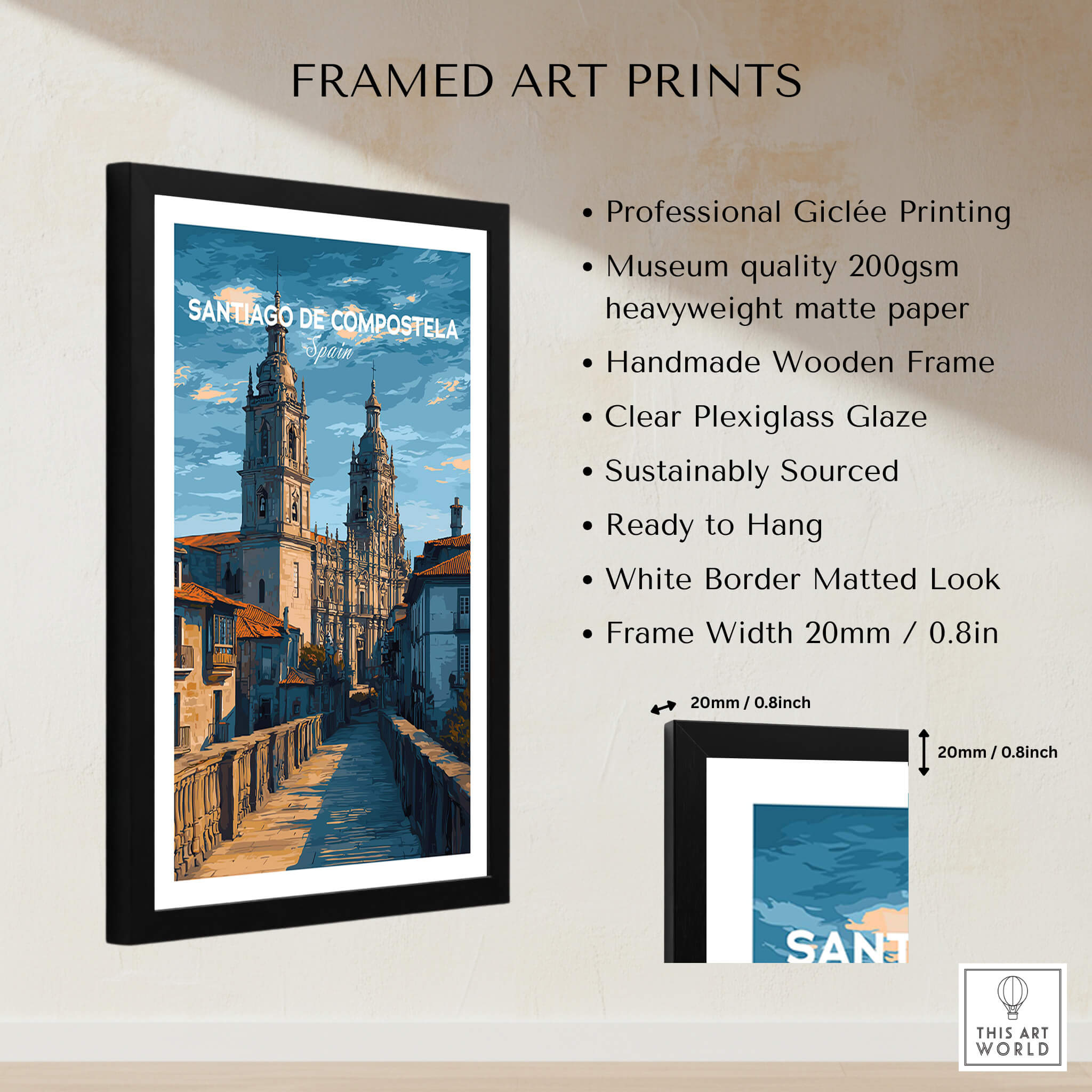 Santiago de Compostela Spain Print | Camino Wall Decor framed art print showcasing historic architecture.